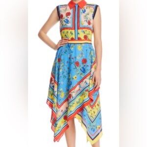 Alice and Olivia Floral Farrah Sleeveless Blue  Handkerchief Hem Dress Sz 8